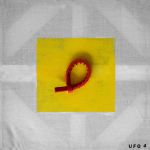 Who's Afraid - Verbal no. 28/ UFO no. 4 Red object (tie wrap) on yellow square on semi transparent cotton fabric. 30 x 30 x 2 Who's Afraid- 2019- Verbal no. 28- UFO no 4