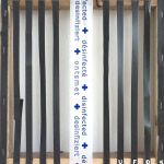 Only Political- Verbal no. 30/ UFO no.5. Plastic carton box seal wraps and hotel toilet seat hygiene information on wooden frame. 30 x 30 x 2,5 Only Poltical-2019- Verbal no.30/Ufo no. 5